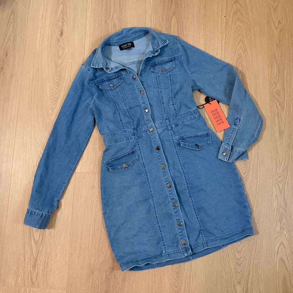 C’EST TOI Light Wash Denim Shirt Dress Snap Front Long Sleeve Size L